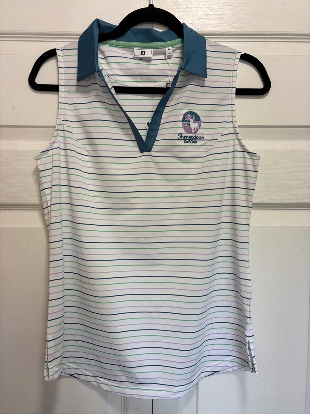 FootJoy White Striped Sleeveless Golf Polo with Teal Collar